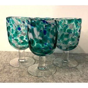 4 Green and Blue Blown Glass 5.5" Goblets  #2582